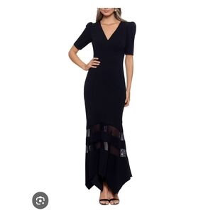 Xscape Black Puff Sleeve V-Neck Formal Gown Sheer Accents Dress Size 12